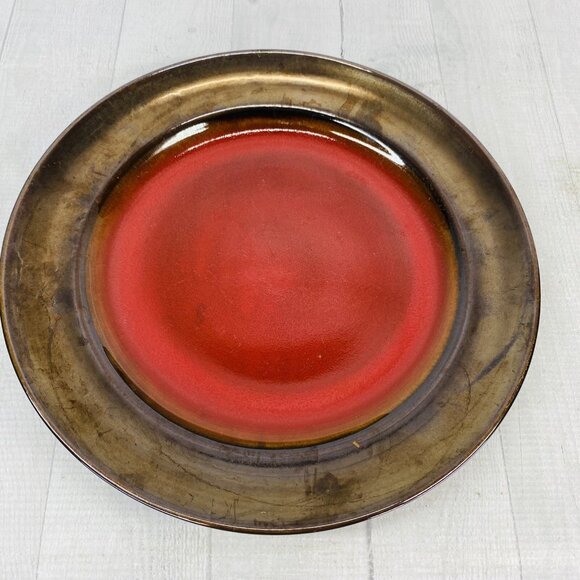 Over and Back Crackled Design Red Bronze Rim Round Ceramic Dinner Plates Set 4 - Picture 2 of 16